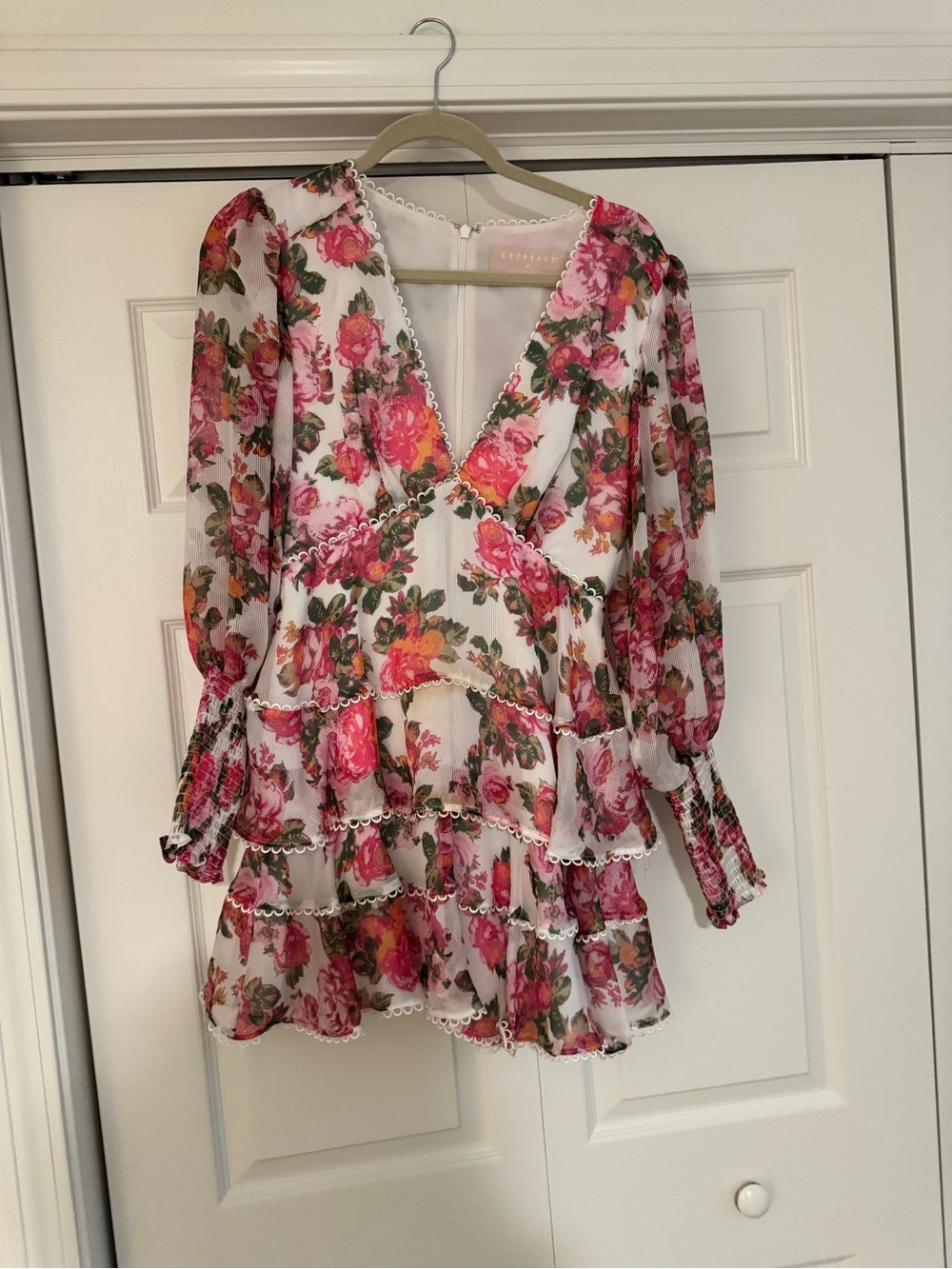 KEEPSAKE the Label White Floral Tiered Mini Dress with Pink and Green Roses - Picture 1 of 2